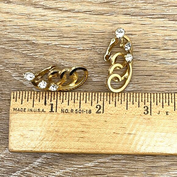 Vintage Gold Tone Spiral Clip-On Earrings w/ Clear Rhinestones Elegant Retro - Picture 3 of 3
